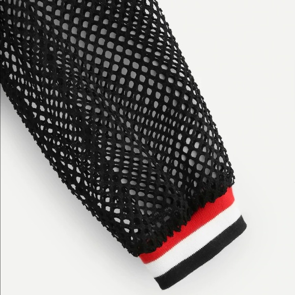 Striped Trim Mesh Sheer Crop Sweatshirt - Picture 3 of 3